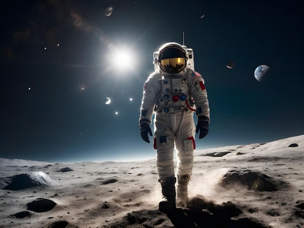 An astronaut exploring and walking on the moon