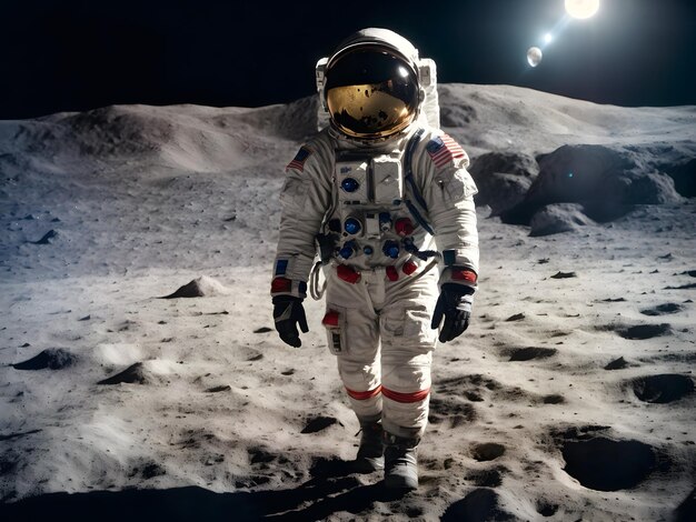 An astronaut exploring and walking on the moon