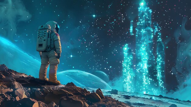 Photo an astronaut on an extraterrestrial surface stares in awe at towering luminous alien structures