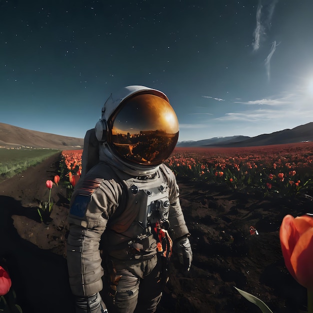 Photo astronaut in a field of flowers with a full moon in the background