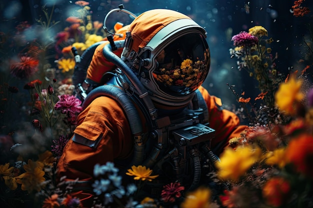 a astronaut in a field of flowers