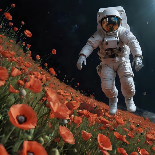 astronaut in a field of poppies