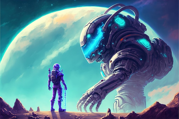 Astronaut fighting with the giant The astronaut looking at futuristic giant Digital art style illustration painting