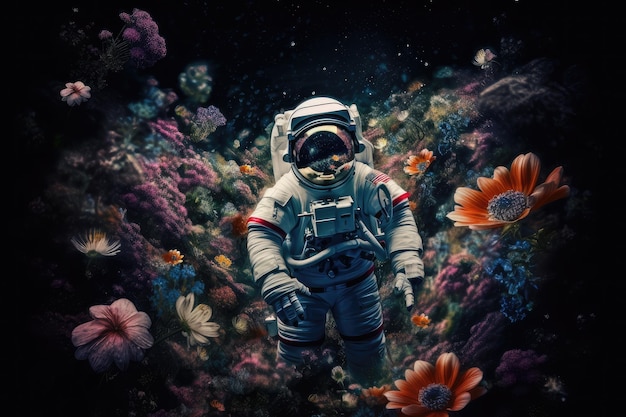 Astronaut floating among blooming flowers in the depths of space