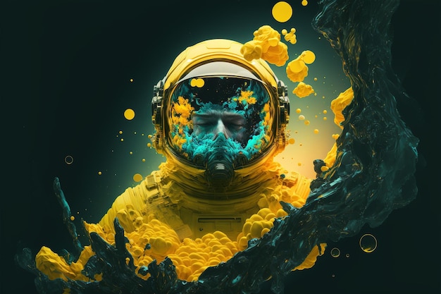 Astronaut floating in the deep space with yellow fluid of ink