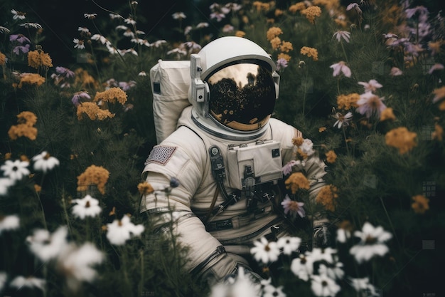 Astronaut floating among the flowers in serene and peaceful setting