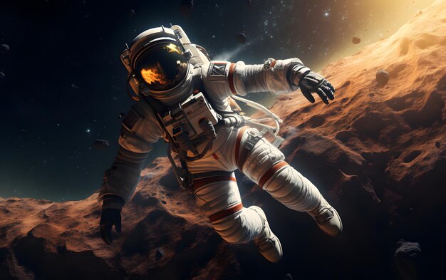 Astronaut floating above moon 3D illustration