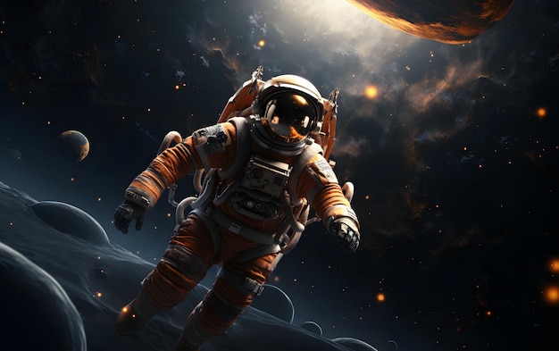 Astronaut floating above moon 3D illustration