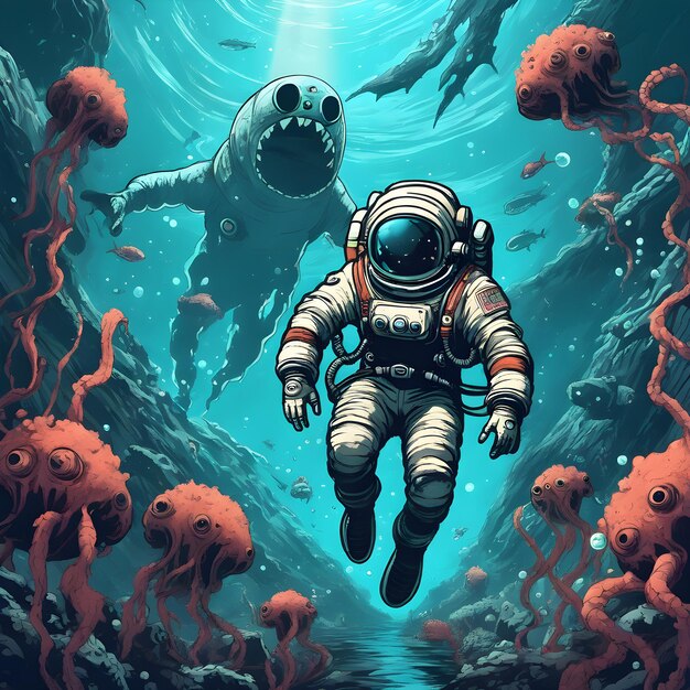 an astronaut floating in the ocean with sharks ai generative