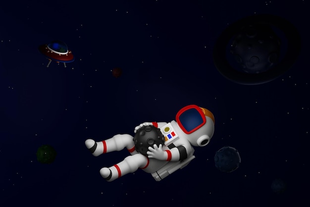 Astronaut floating in space catching asteroids space adventure 3D rendering