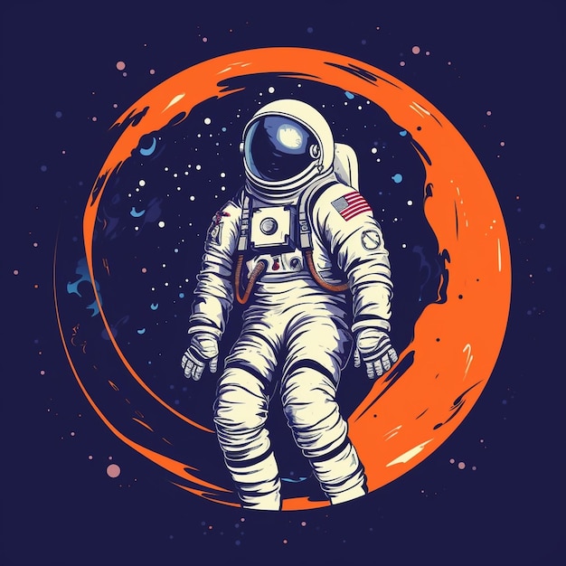 Astronaut floating in space near an orange crescent moon with stars in the background