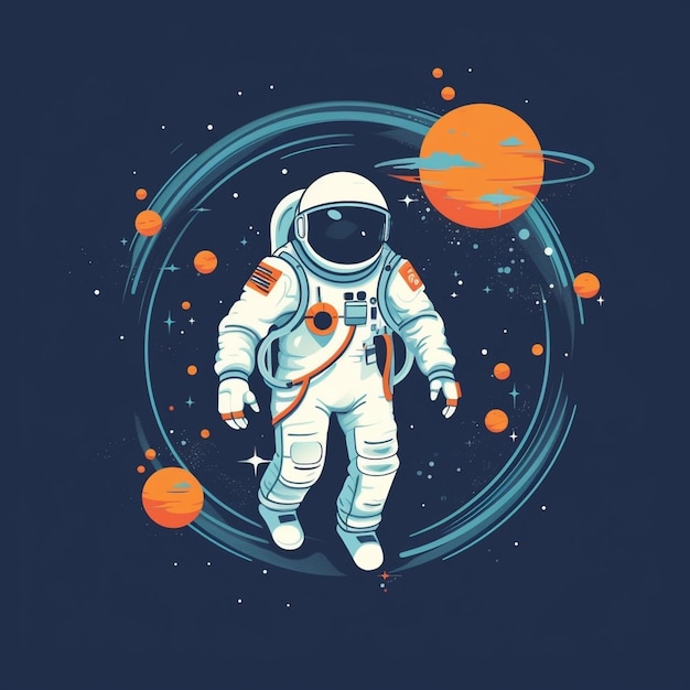 Astronaut floating in space surrounded by planets and stars