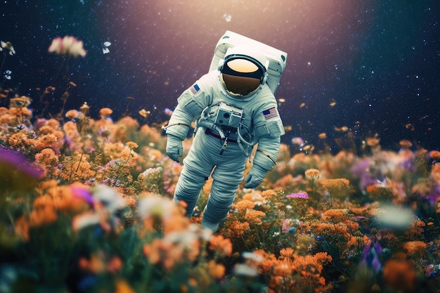 Astronaut floating through field of flowers with planet in the background