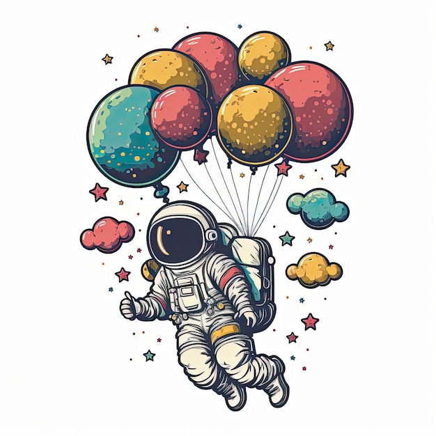 Astronaut floating through space holding on to many colorful balloons on white backgound Generative AI