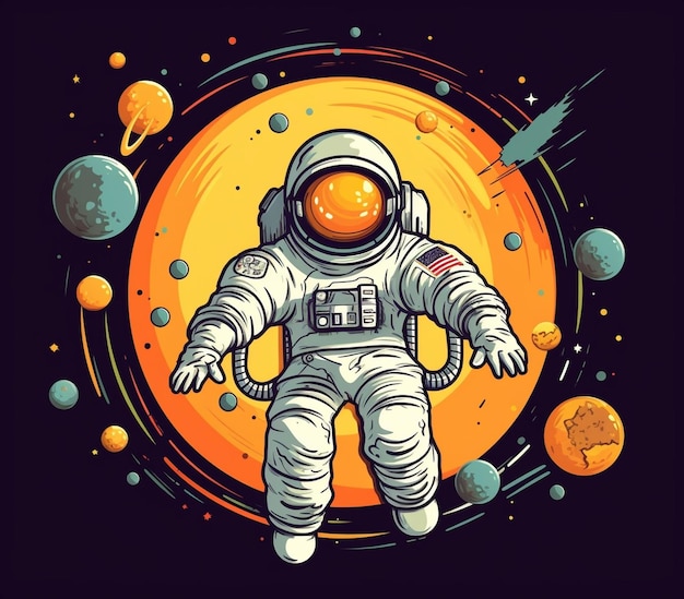 An astronaut floats among colorful planets in a cosmic scene