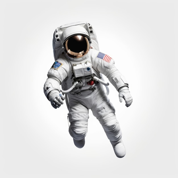 An astronaut floats in space above Earth wearing a white spacesuit and a gold helmet