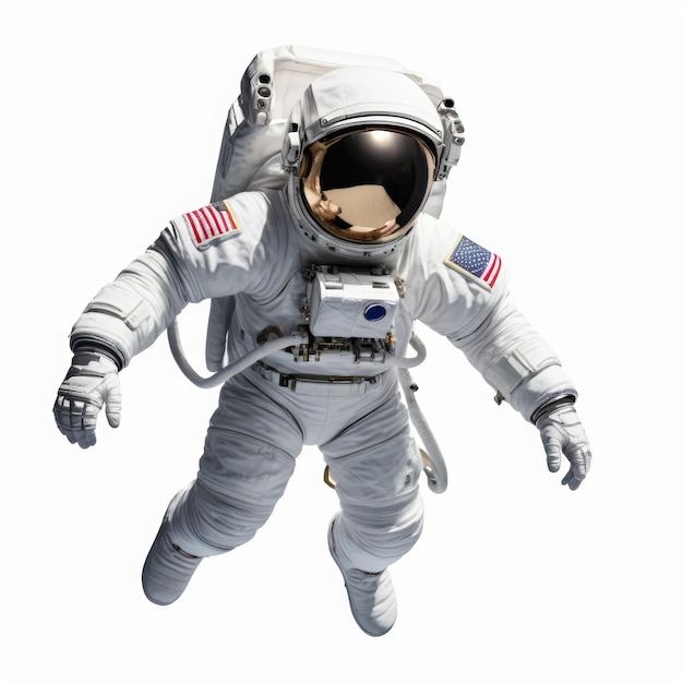 An astronaut floats in space above Earth wearing a white spacesuit and a gold helmet