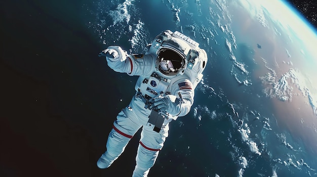 An astronaut floats in space with Earth in the background