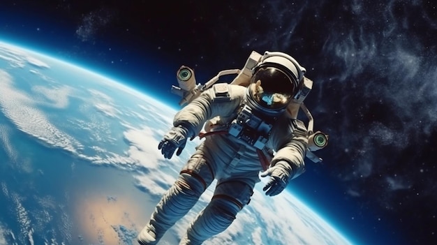 Astronaut flying over the planet Earth in deep space The wall covering is abstract Generative AI and Spaceman