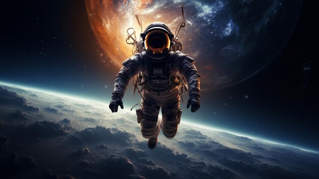 Astronaut flying space galaxy planet earth photography image AI generated art