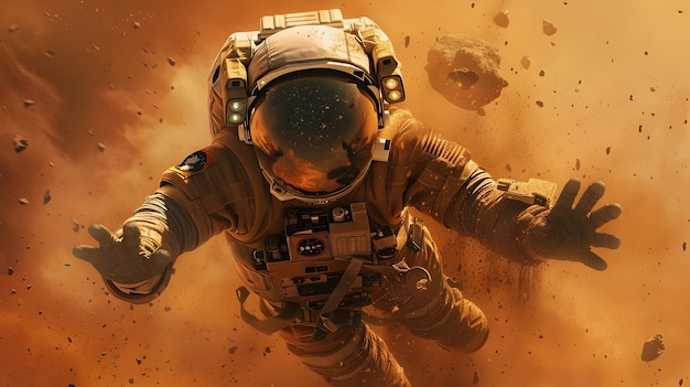 Astronaut Flying in Space through a Duststorm