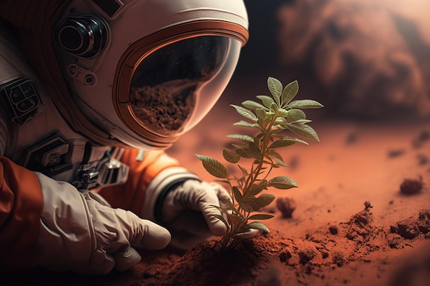 Astronaut found a plant on Mars futuristic fantasy image