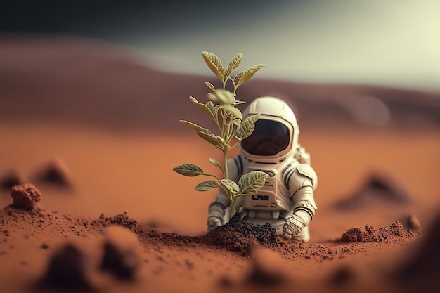 Astronaut found a plant on Mars futuristic fantasy image