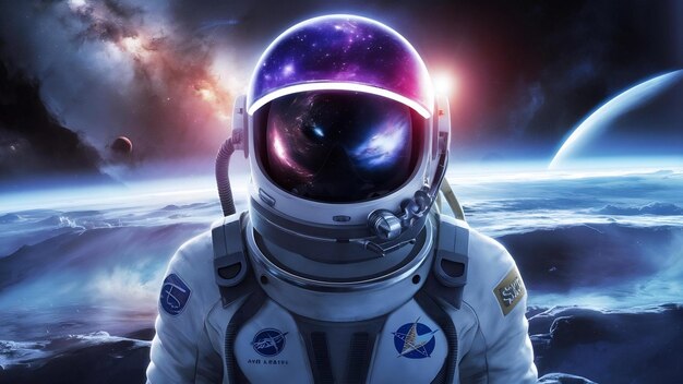 Astronaut in galaxy helmet reflecting bright stars and galaxies projected