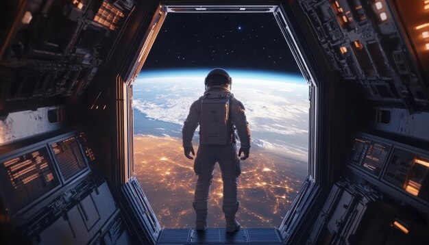 Photo astronaut gazing at earth from a spacecraft window above the illuminated landscape at night