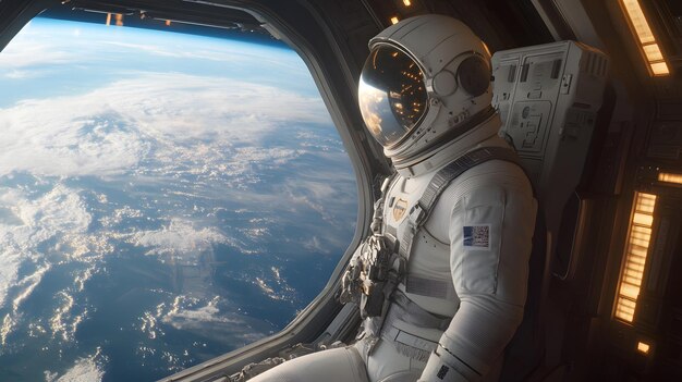 Photo astronaut gazing at earth through spaceship window