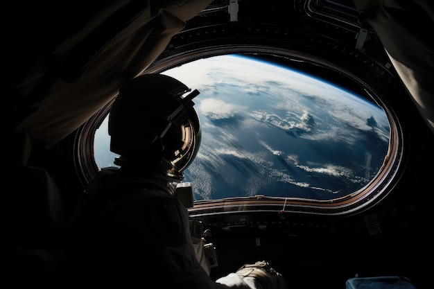 Astronaut gazing out of the window of spaceship with view of the earth visible below