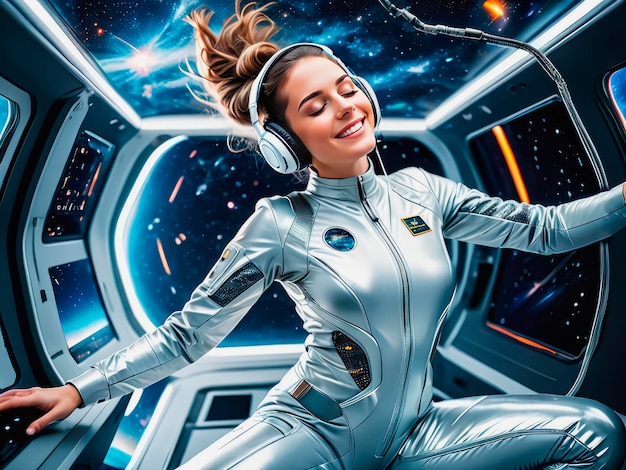 An astronaut girl in outer space listens to music with headphones