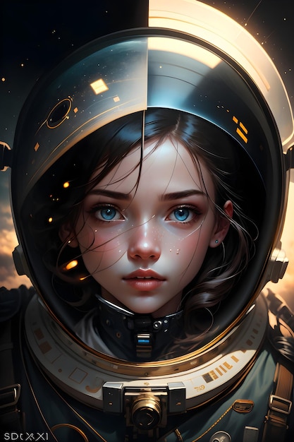 An astronaut girl in spacesuit in outer space background science fiction wallpaper illustration