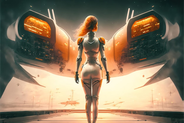 An astronaut girl stands on a metal bridge overlooking a space warship Digital artwork