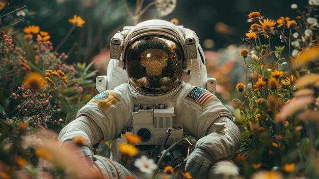 Astronaut in a greenhouse filled with exotic plants and flowers