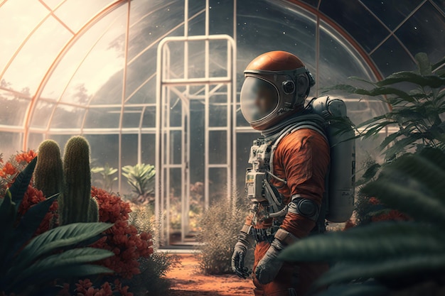 Astronaut growing plant in greenhouse on Mars futuristic fantasy image