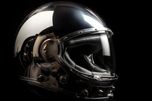 Astronaut helmet detail with glossy glass and reflections on metal surface generative ai