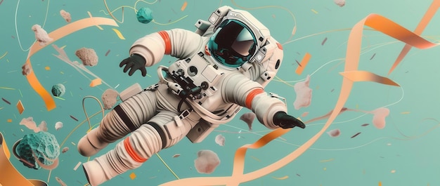 astronaut in a hilariously oversized spacesuit tripping over a tangled communication cable