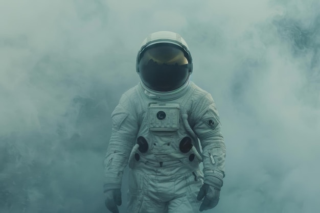 Astronaut in his space suit walking in the fog