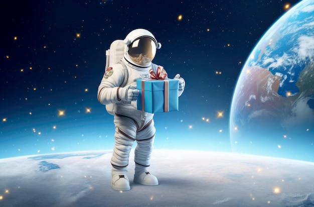 An astronaut holding a gift box on the moon Generative AI