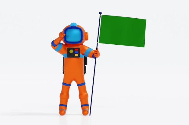 Astronaut holding green flag on white space adventure discovery 3D render