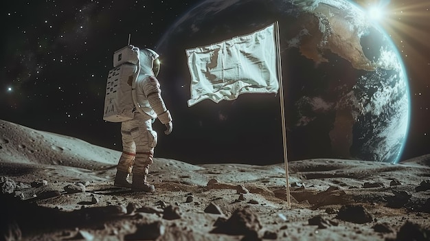 Astronaut holding a white flag on the moon with Earth in the background