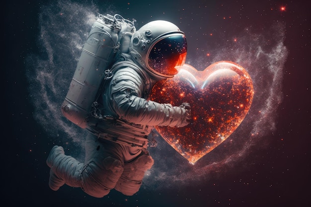 An astronaut holds a heart with the words love on it