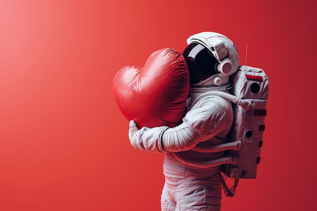 An astronaut hugging a large soft red valentine love heart