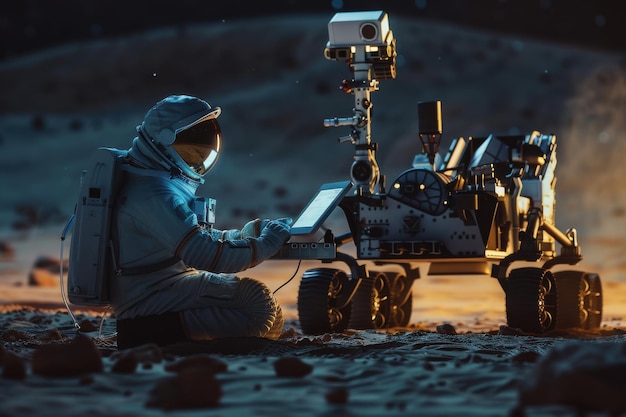 Photo astronaut interacts with robotic rover on the lunar surface during a twilight exploration mission