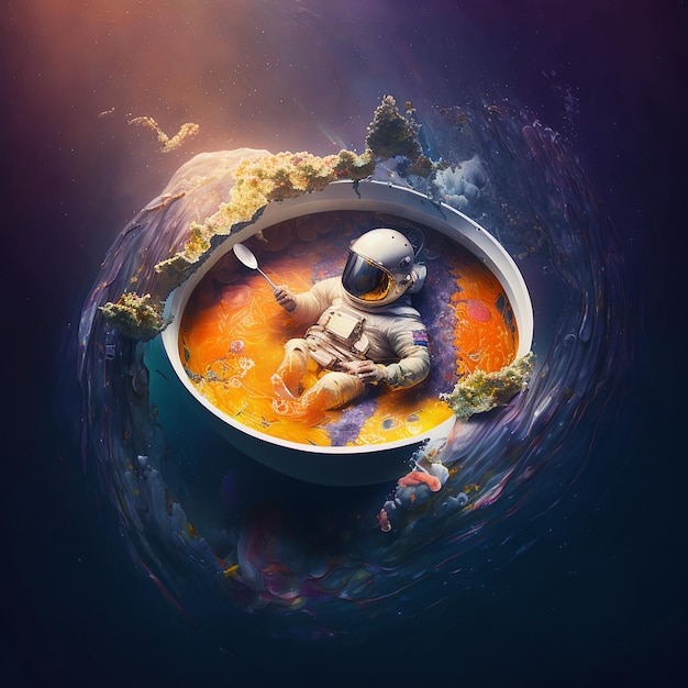 An astronaut is floating in a bowl of liquid and is surrounded by water.