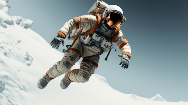 An astronaut is flying over a white background