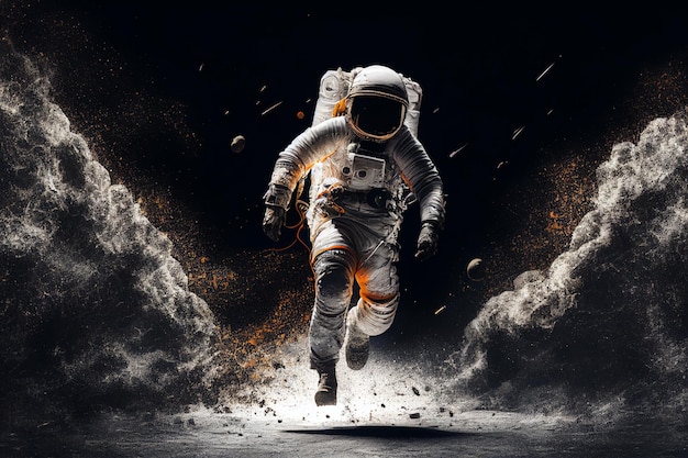 An astronaut is running on the moon with smoke and smoke around him.