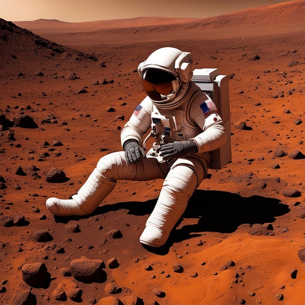 Photo an astronaut is sitting on the ground with a box in his hand