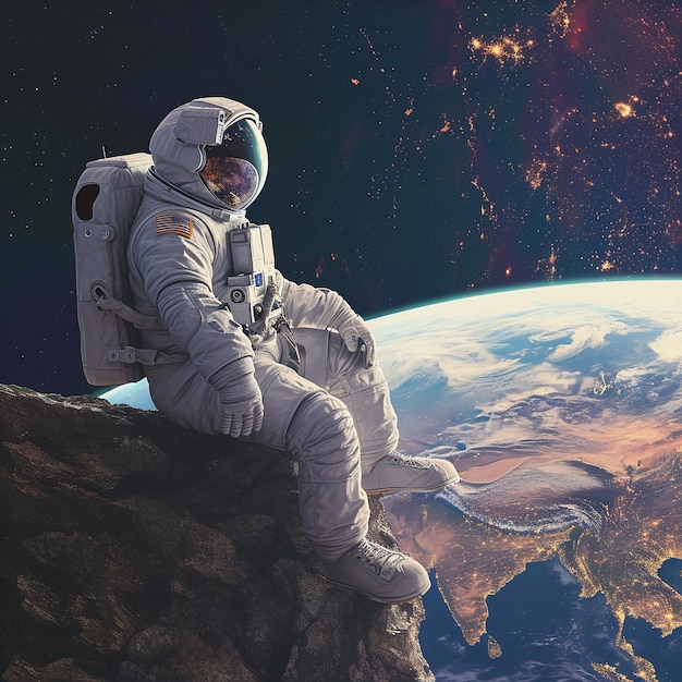 Photo an astronaut is sitting on a rock with the planet in the background